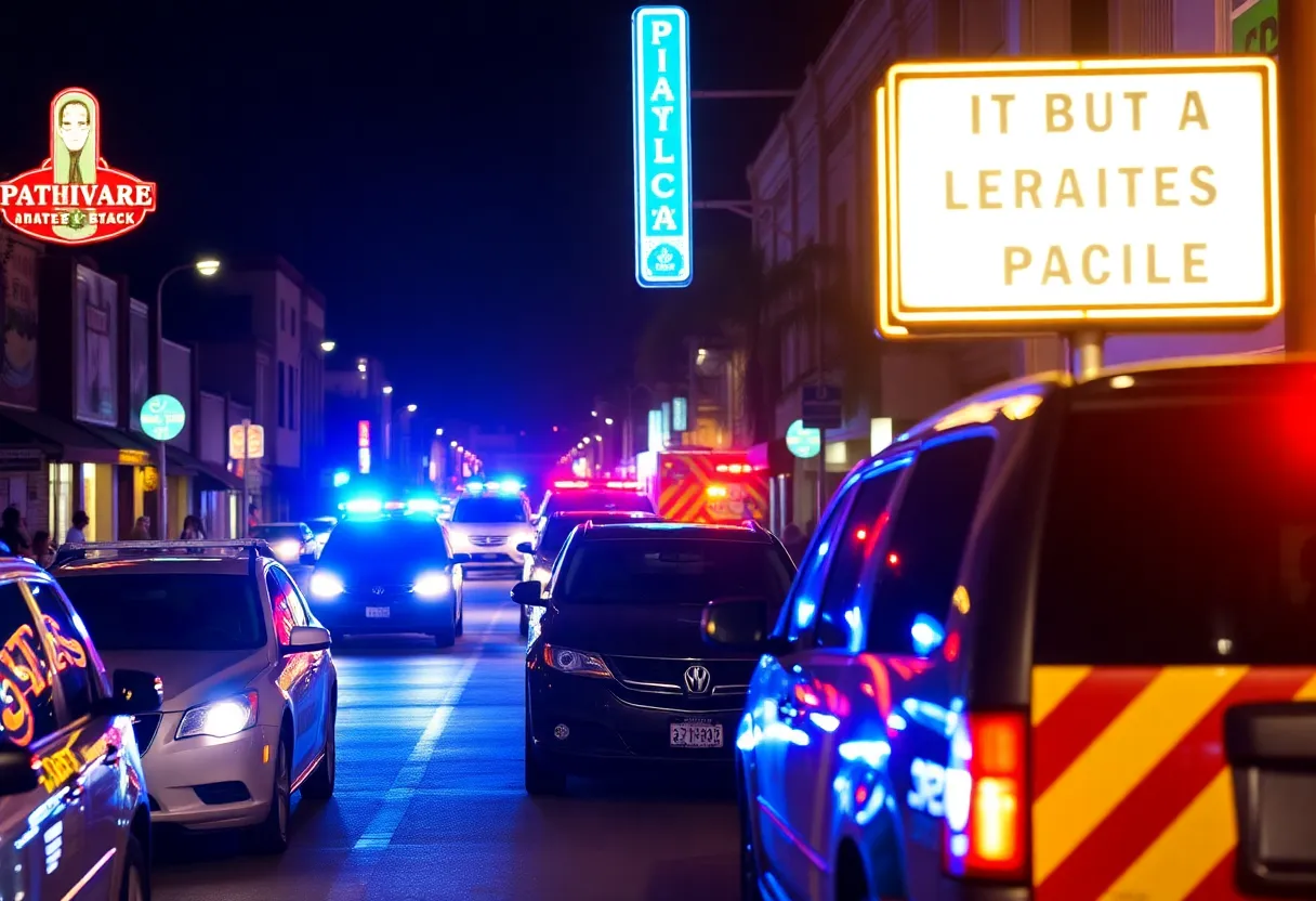 Nighttime scene of Pacific Beach with emergency vehicles present