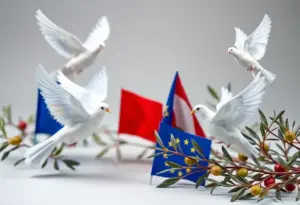 Symbol of peace negotiations with elements of unity and collaboration among European nations.