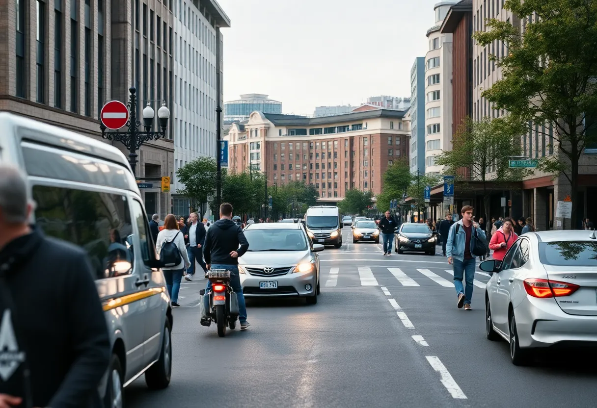 Scene showing pedestrians crossing a street near San Diego State University