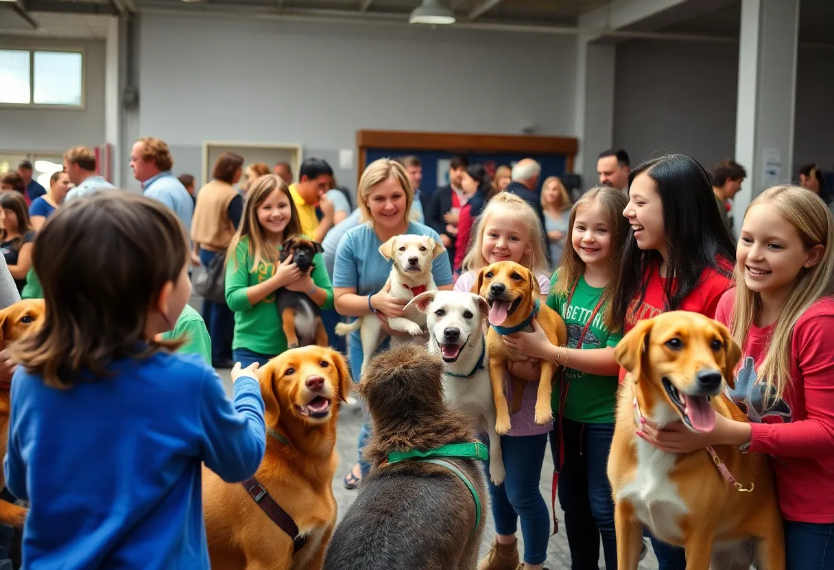 A cheerful pet adoption event at the San Diego Humane Society with families and animals