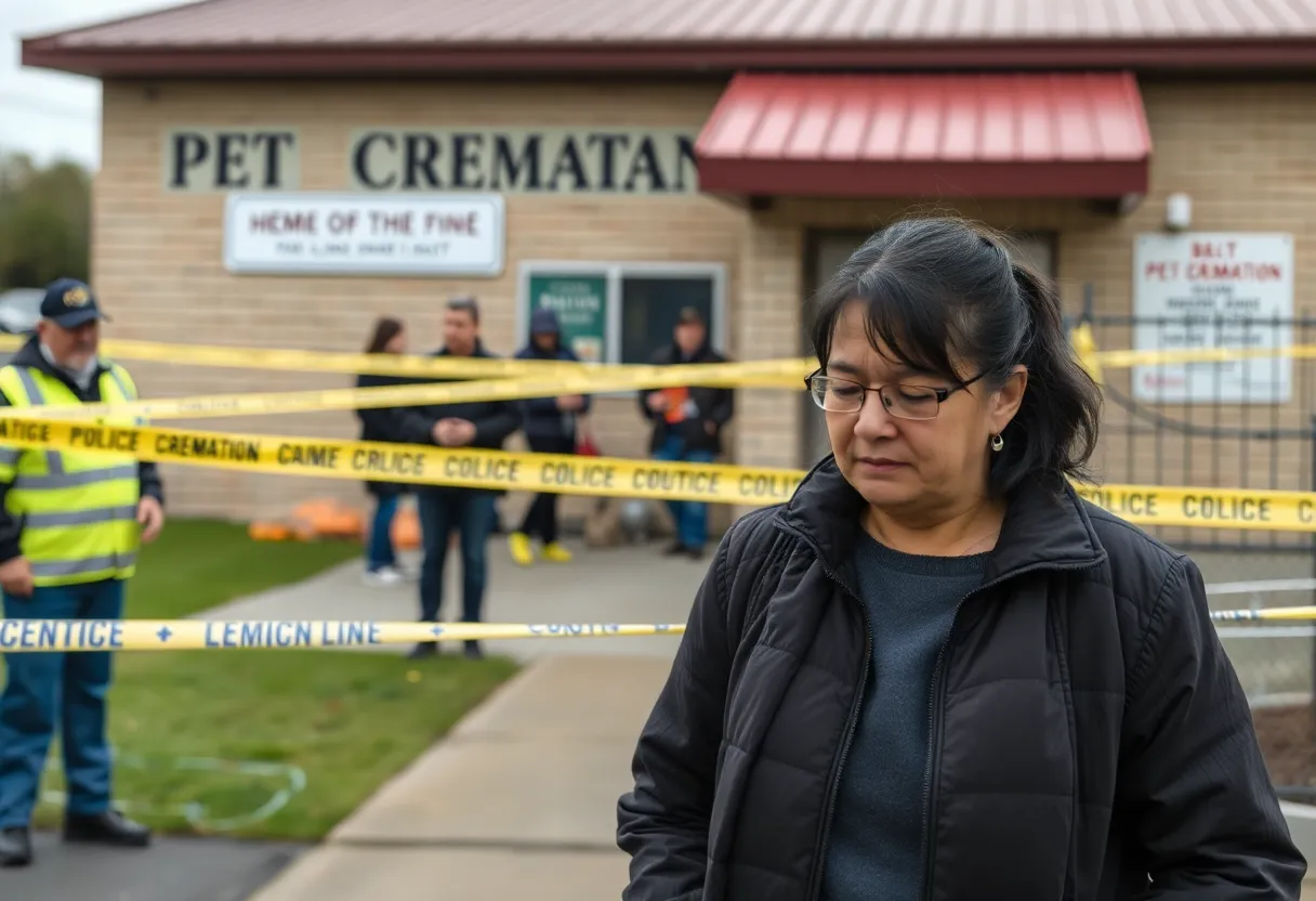 Pet owners outside a cremation facility during an investigation