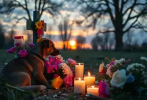 A peaceful pet memorial with flowers and candles.