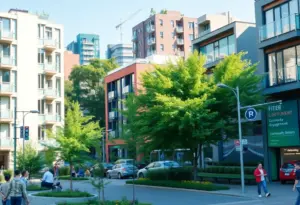Revitalized neighborhood around Petco Park with green spaces