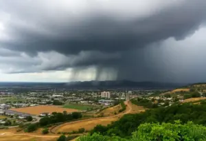 Dark storm clouds over San Diego with rainfall.