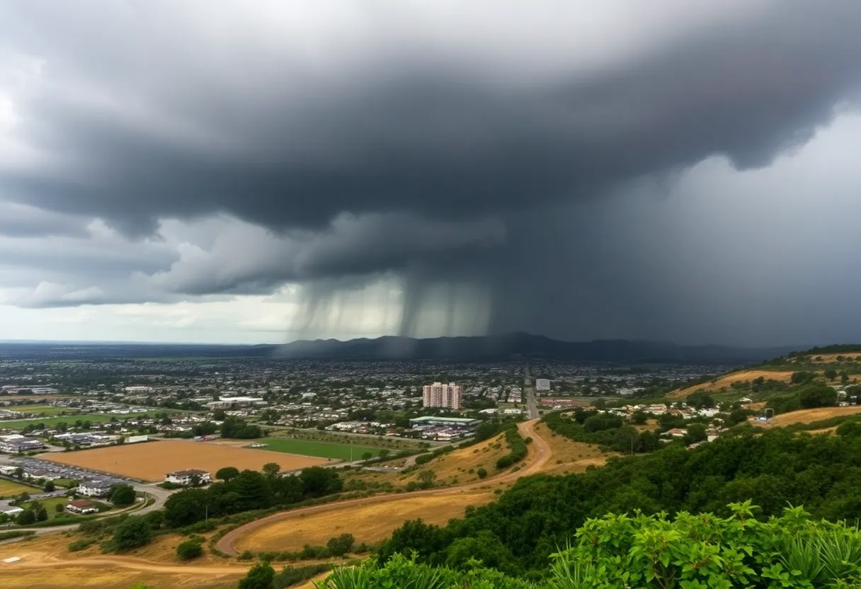 Dark storm clouds over San Diego with rainfall.