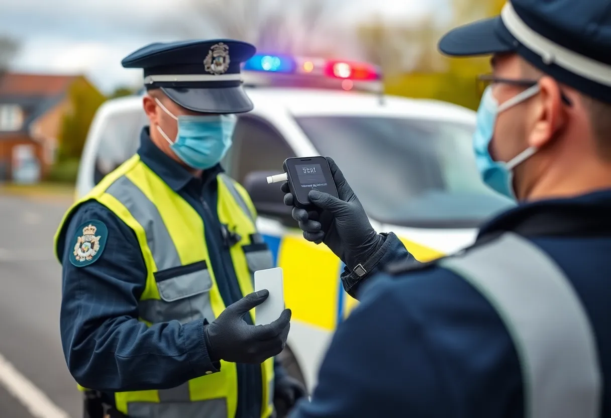 Officer using SoToxa device for on-site drug testing during traffic stop in San Diego.