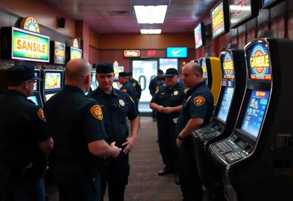San Diego police officers conducting a raid on illegal gambling with seized slot machines