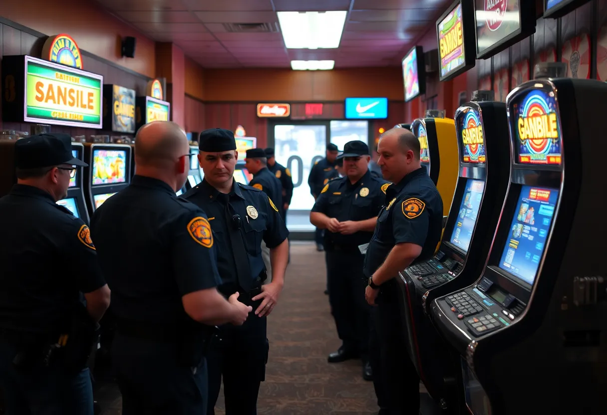 San Diego police officers conducting a raid on illegal gambling with seized slot machines
