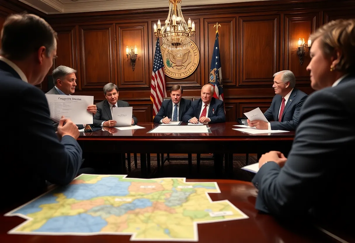 Representatives discussing redistricting at a congressional meeting.