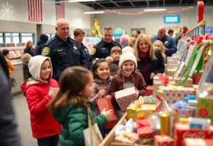 Children shopping with local heroes during a holiday event in Poway, CA