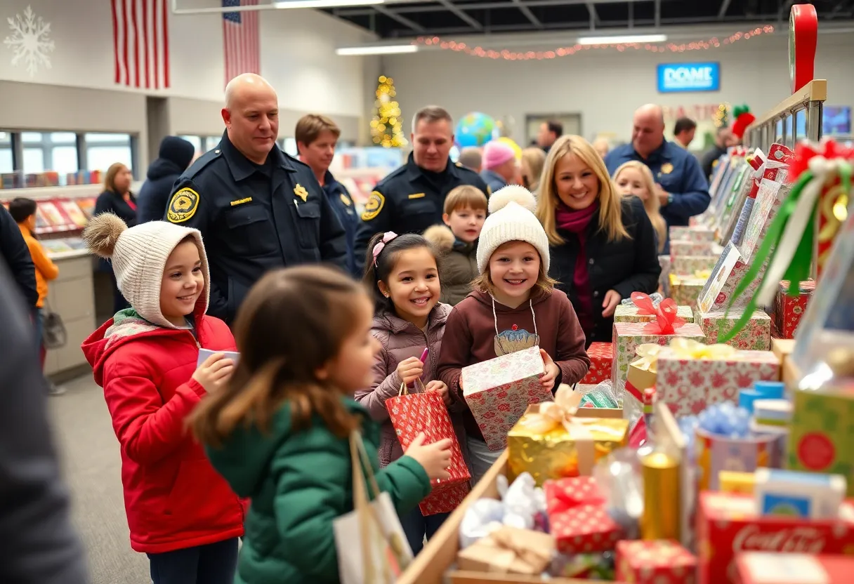 Children shopping with local heroes during a holiday event in Poway, CA