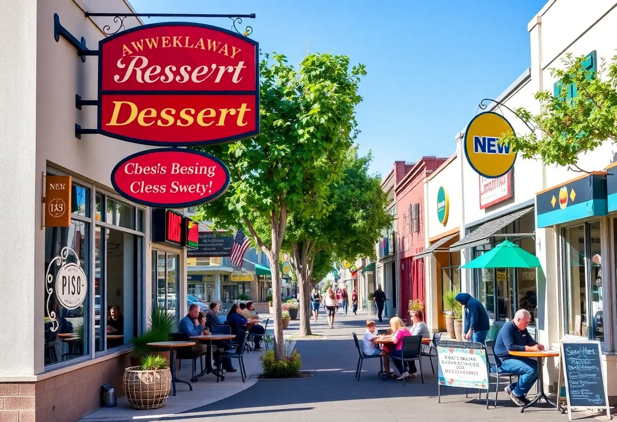 Street view of new businesses in Poway with families and colorful signage.