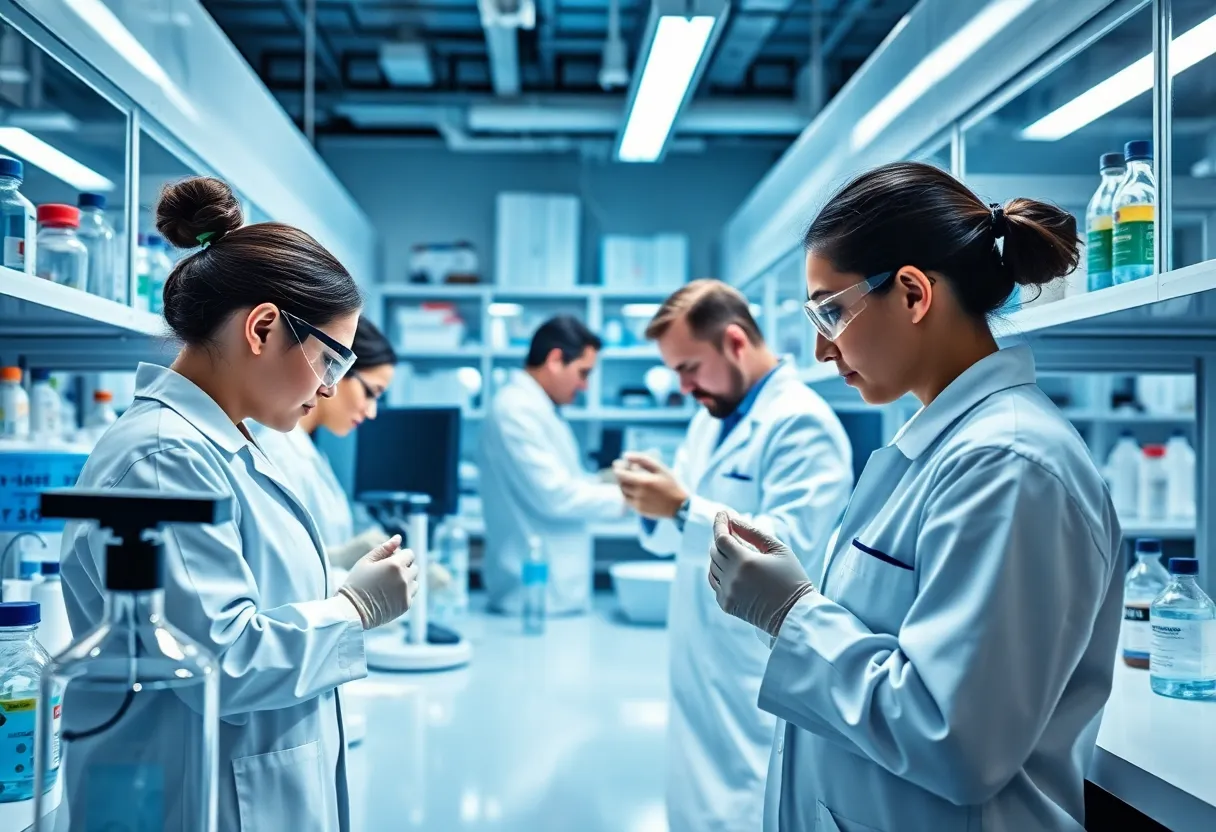 Laboratory environment with scientists developing biotechnology drugs