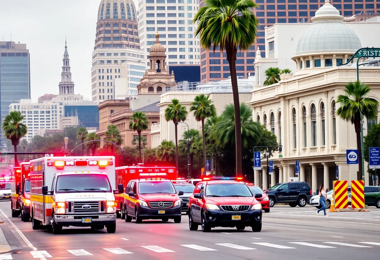 Urban landscape of Los Angeles showing emergency response and historical landmarks.