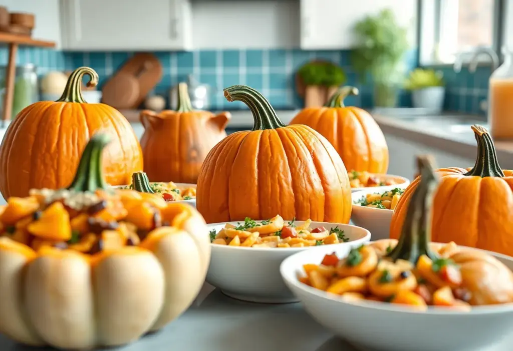 Pumpkins prepared for rescue animals in a kitchen.