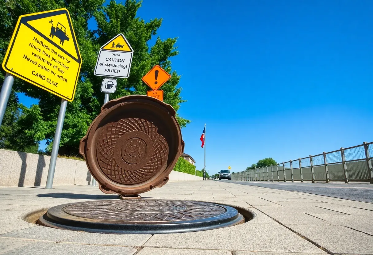 Raised handhole cover on a public walkway