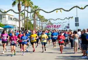 Participants in the Red Nose Run at Del Mar Beach celebrate after the race.