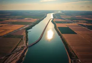 Aerial view of the Rio Grande river and agricultural fields along the border between Mexico and the U.S.