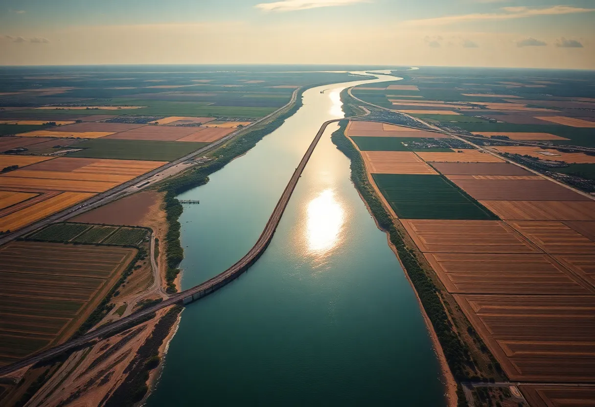 Aerial view of the Rio Grande river and agricultural fields along the border between Mexico and the U.S.