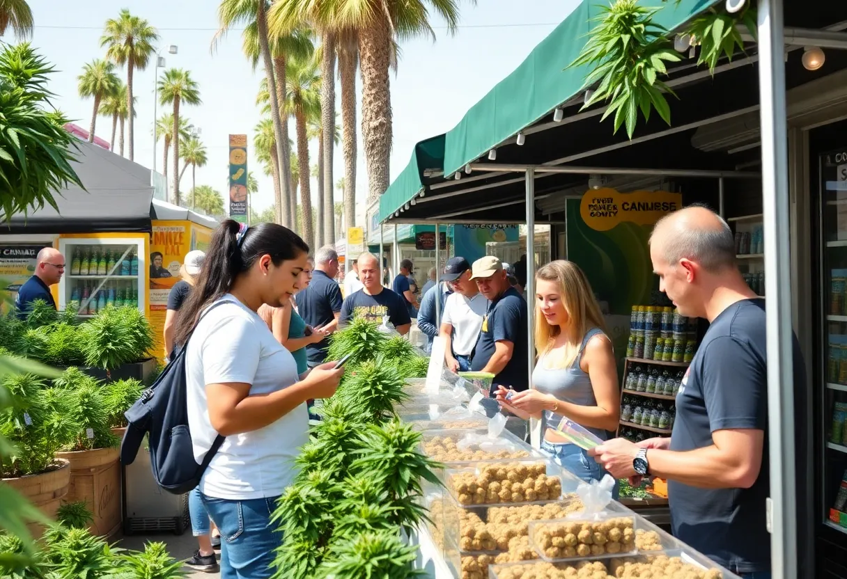 Cannabis retail activity in Riverside County with customers and products on display.