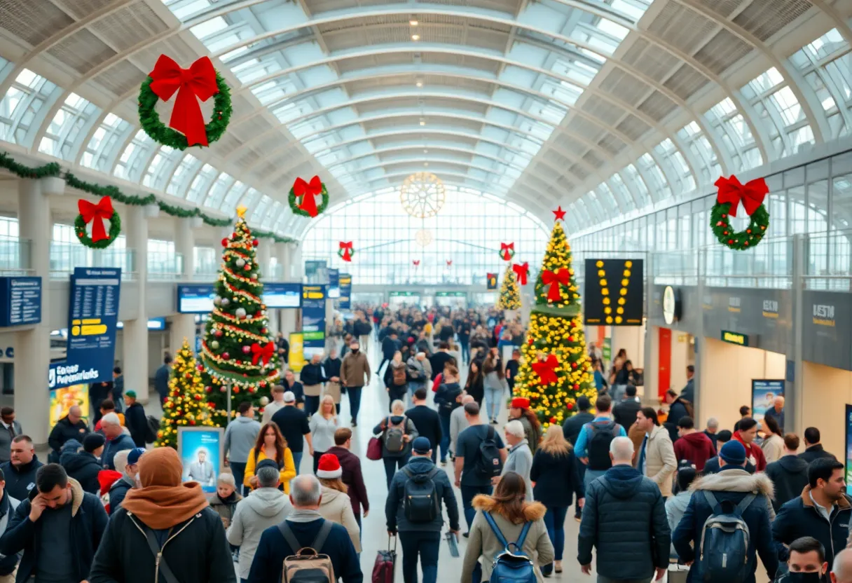 Crowded terminal at San Diego International Airport during holiday season