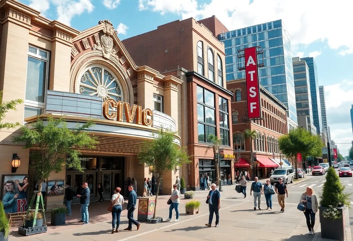 Conceptual illustration of San Diego's Arts District with cultural spaces and community events.