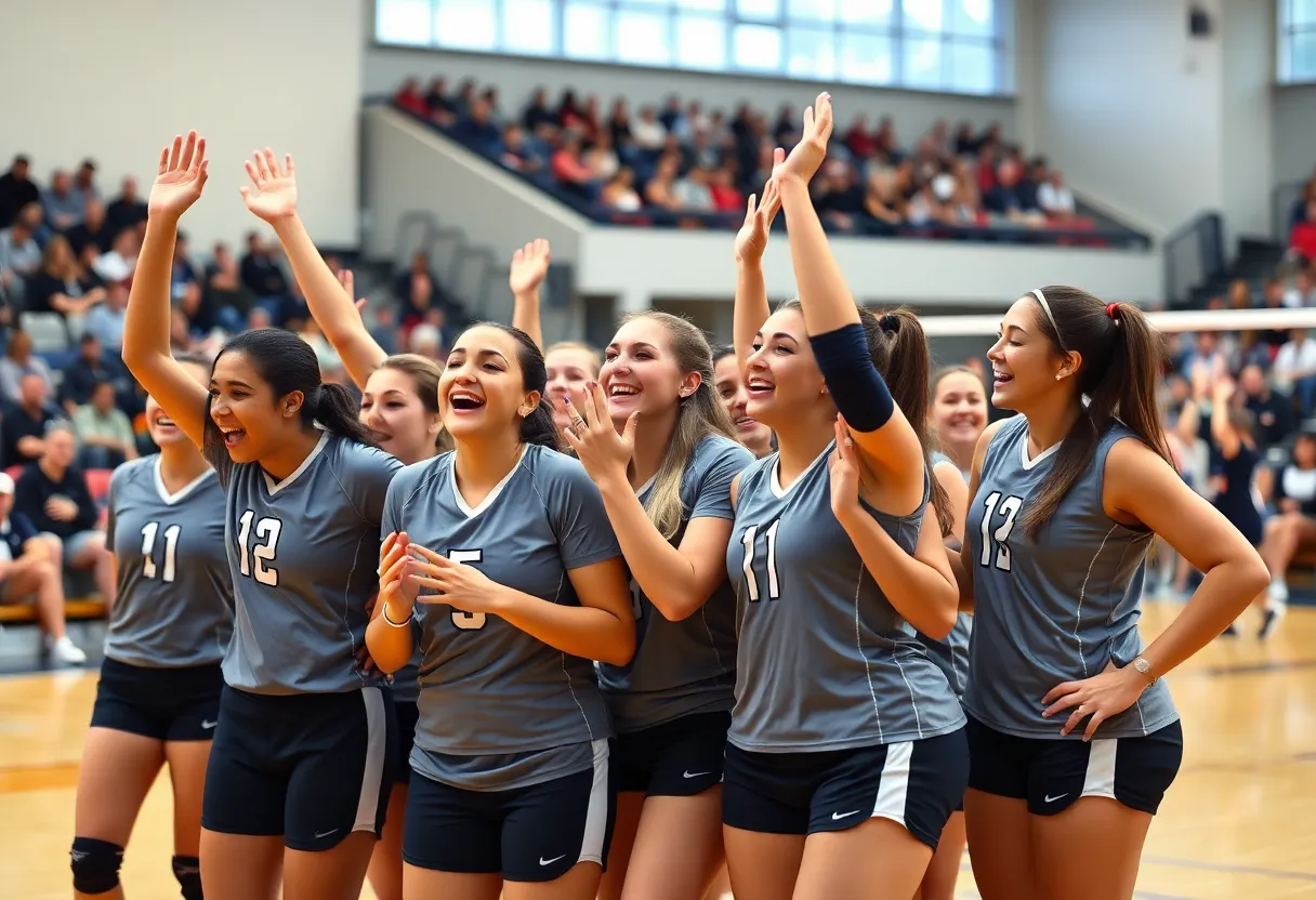 San Diego Aztecs volleyball team celebrating a victory