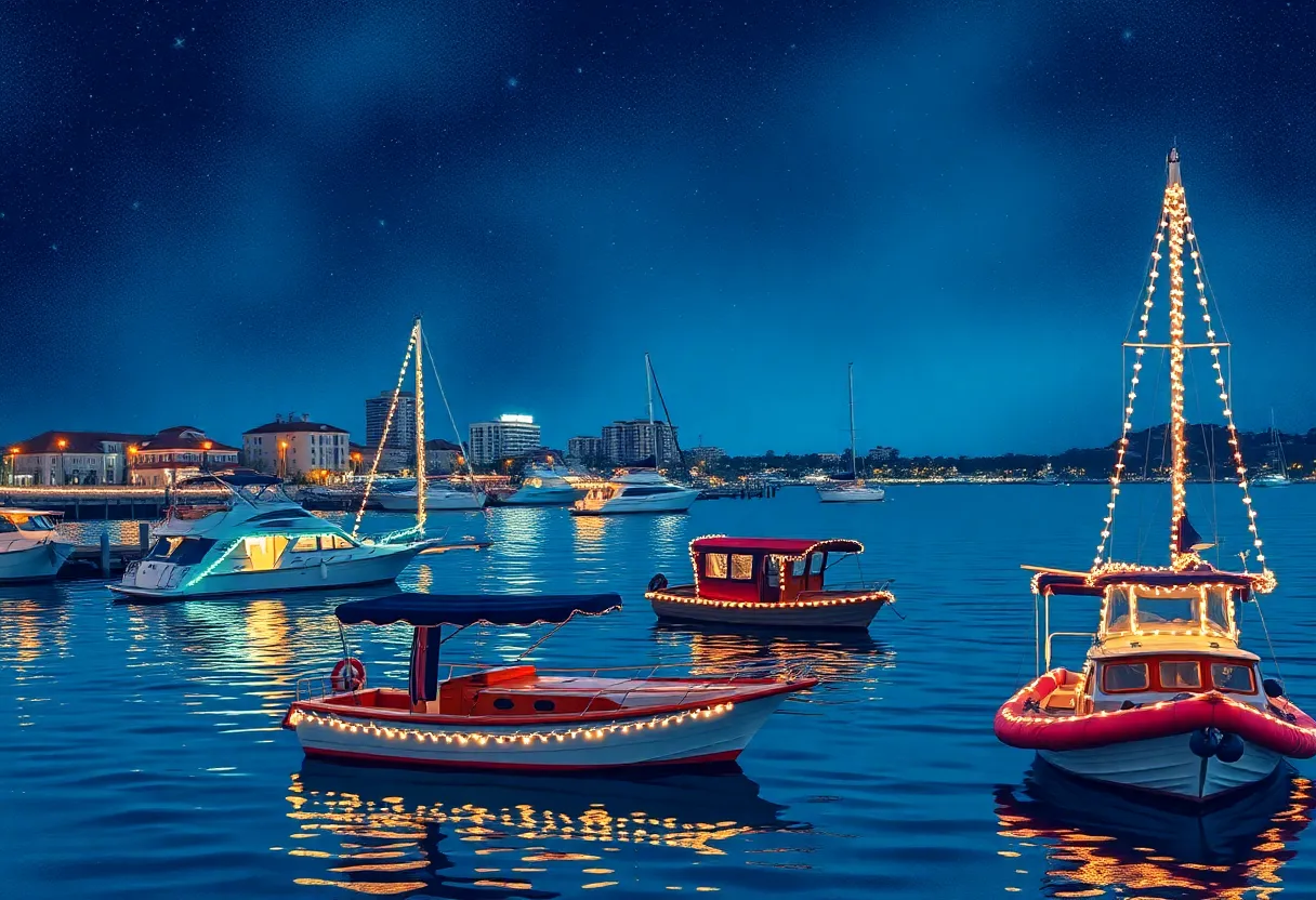 Boats adorned with festive lights parallel to the San Diego Bay during the Parade of Lights