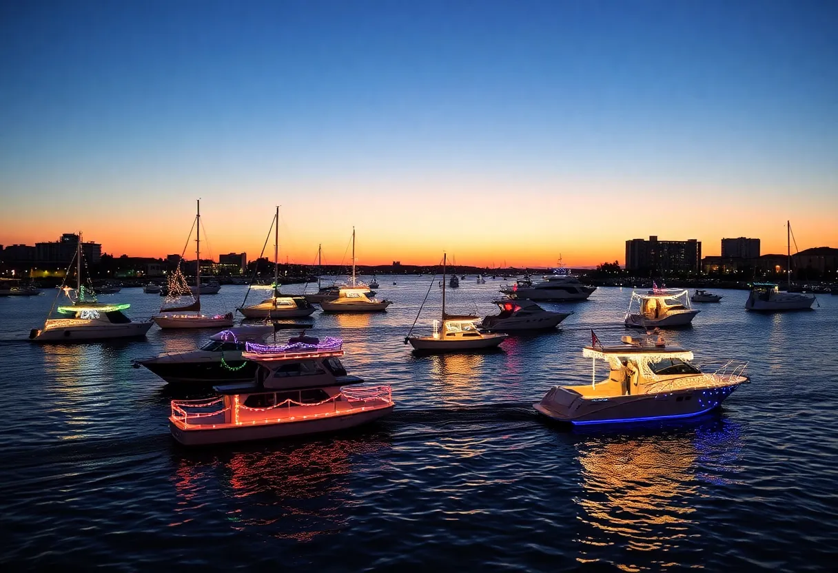 Beautifully decorated boats in San Diego Bay during the Parade of Lights.