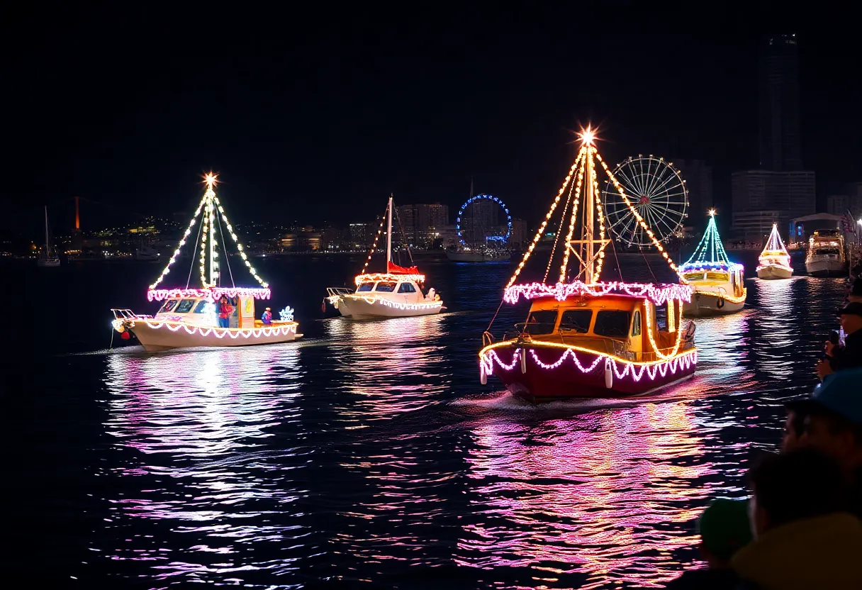 Colorful boats decorated for the San Diego Bay Parade of Lights on a starry night.