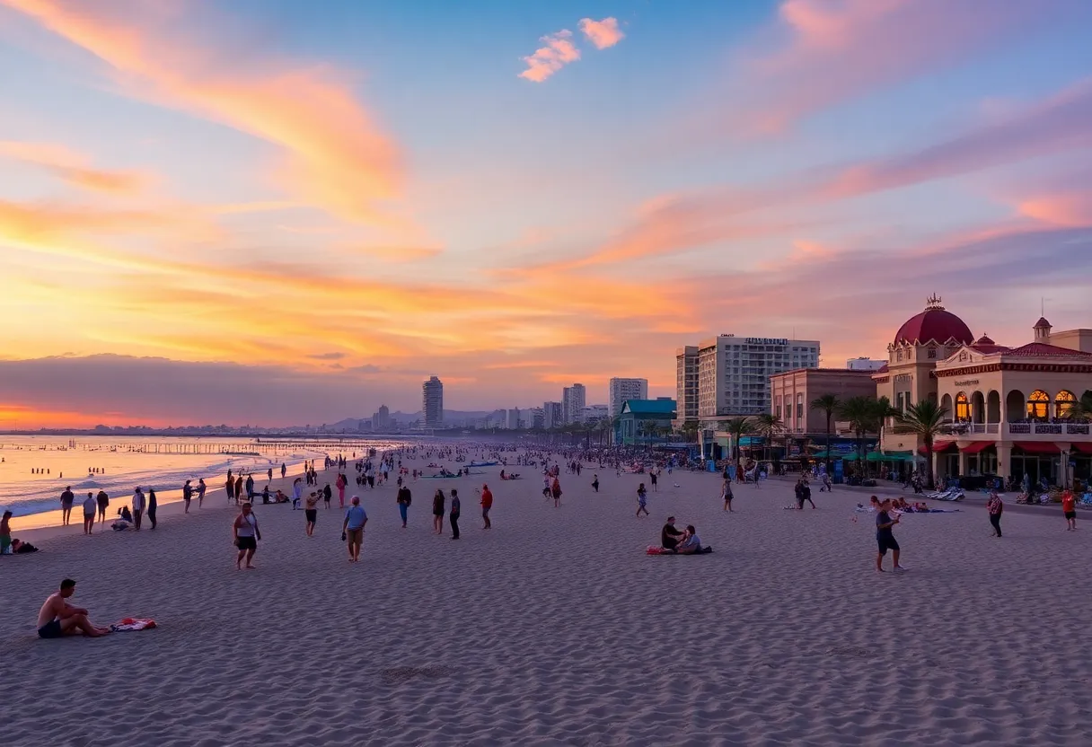 A beautiful sunset over a San Diego beach with people enjoying various activities.