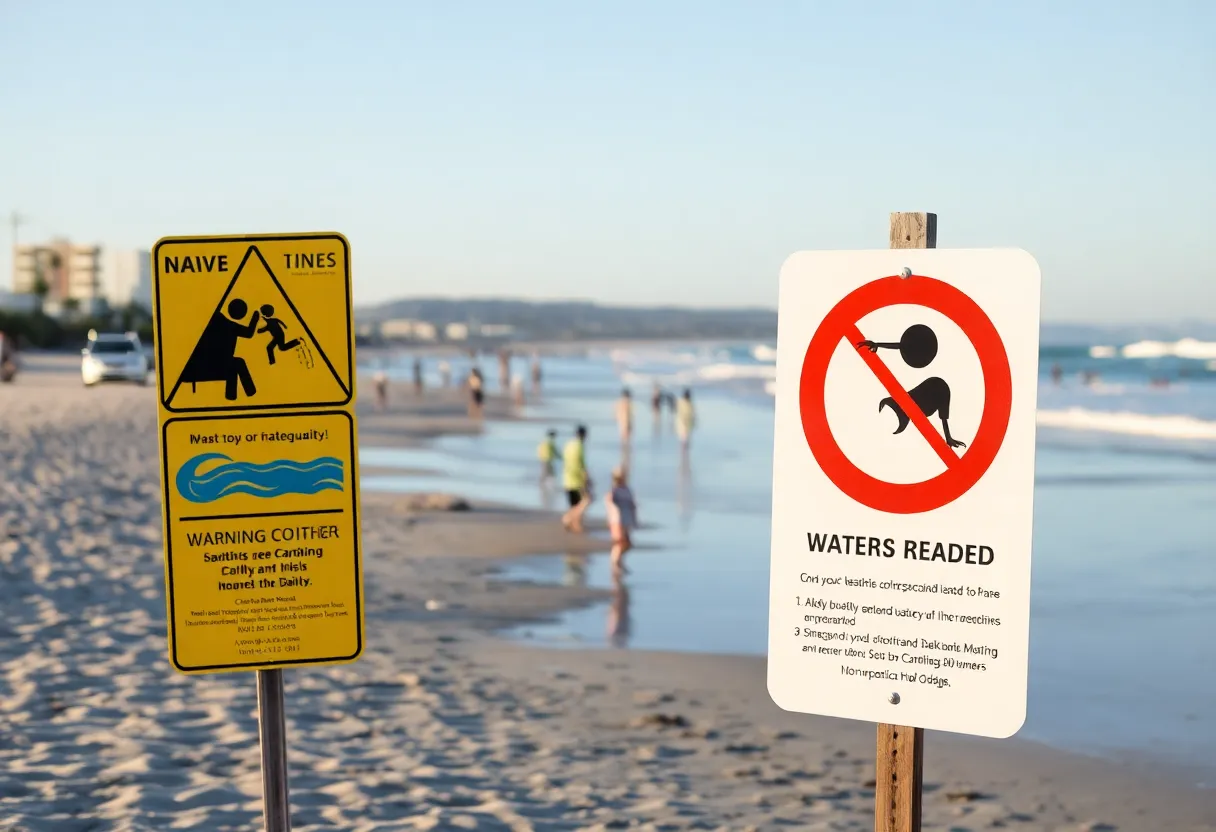 San Diego beach scene with advisory signs visible
