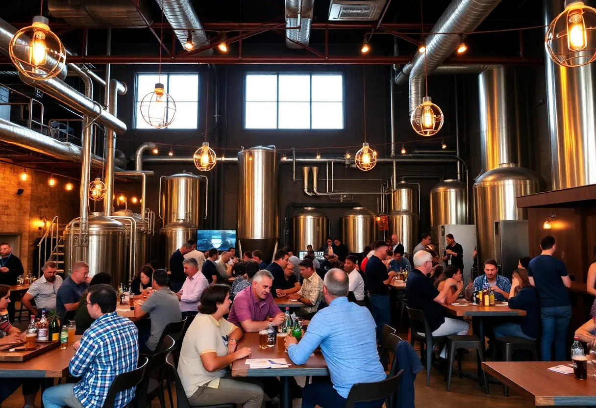 Guests enjoying a private event at a San Diego brewery with craft beer and festive decorations.