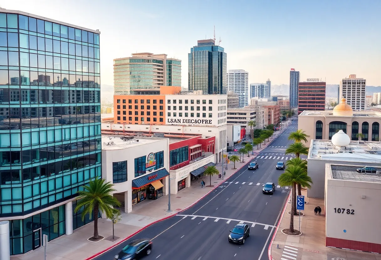 Cityscape of San Diego with modern businesses and robotaxis