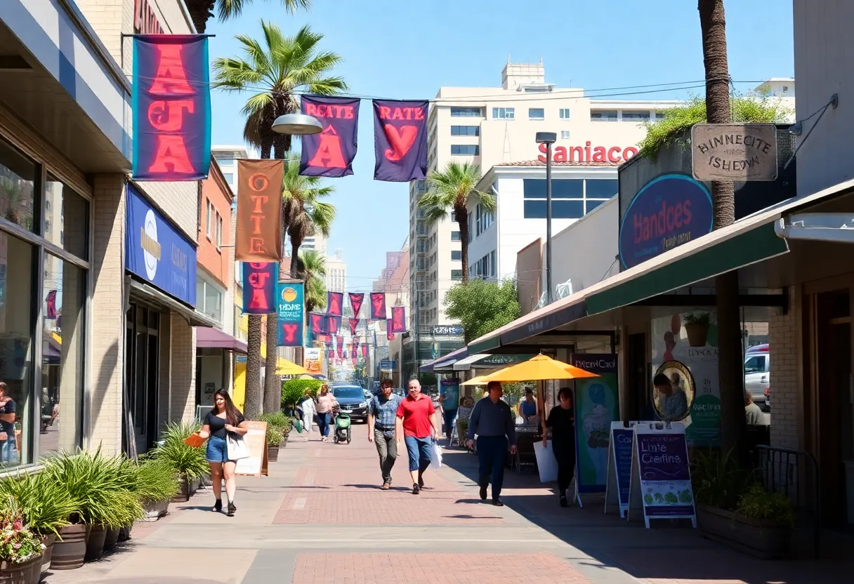 A vibrant San Diego street filled with local businesses and eco-friendly elements