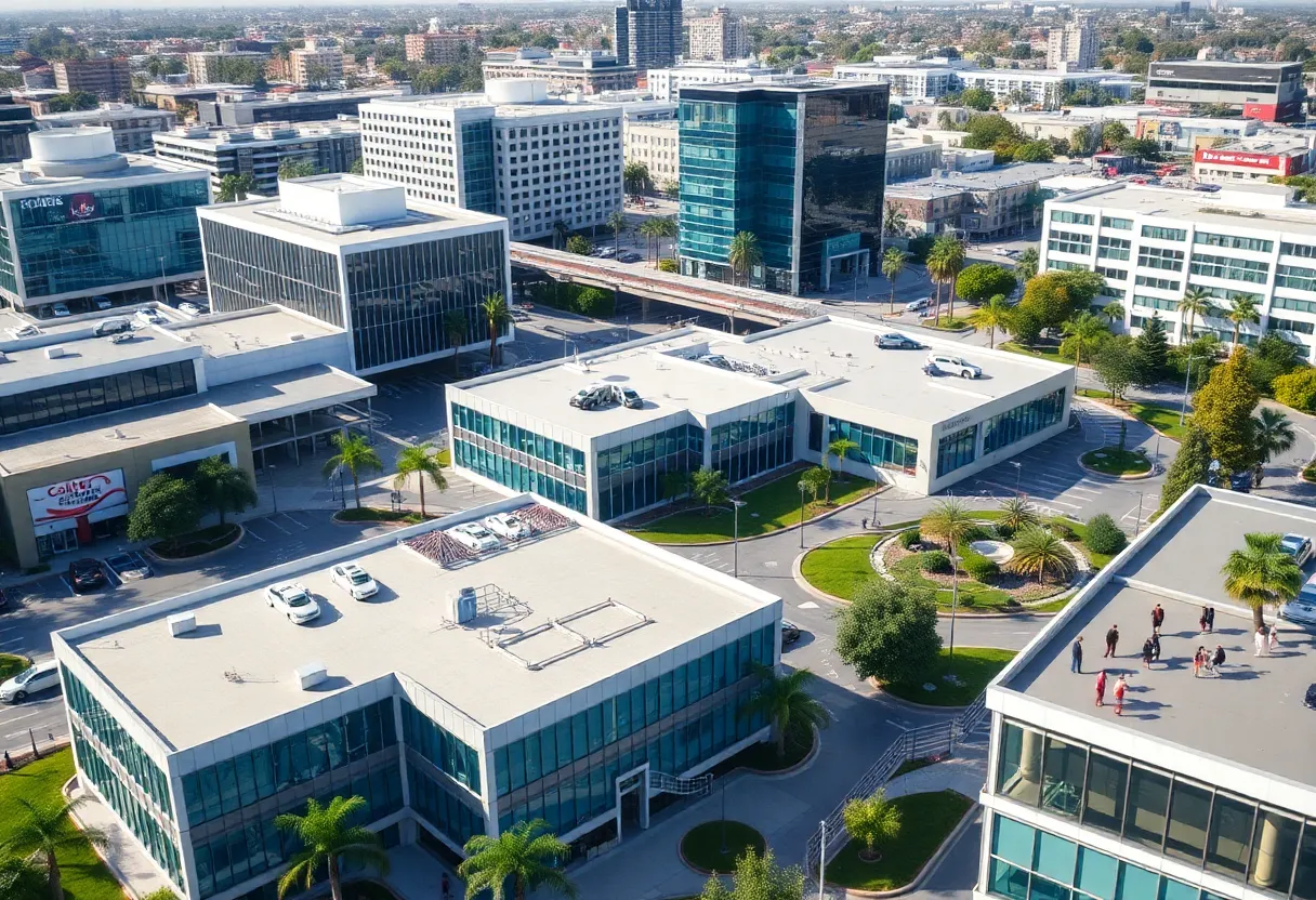 A vibrant business park in San Diego with modern offices and greenery.
