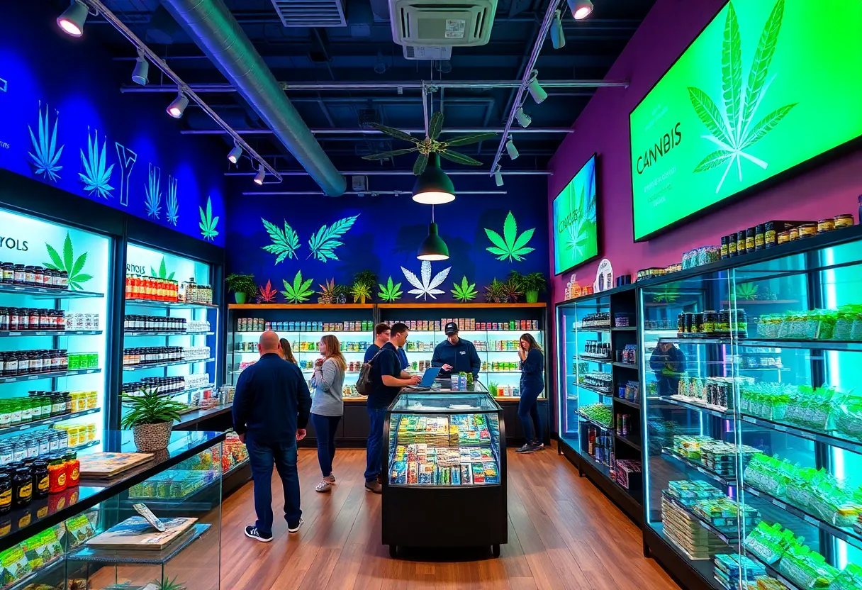 A cannabis dispensary in San Diego with customers browsing products.
