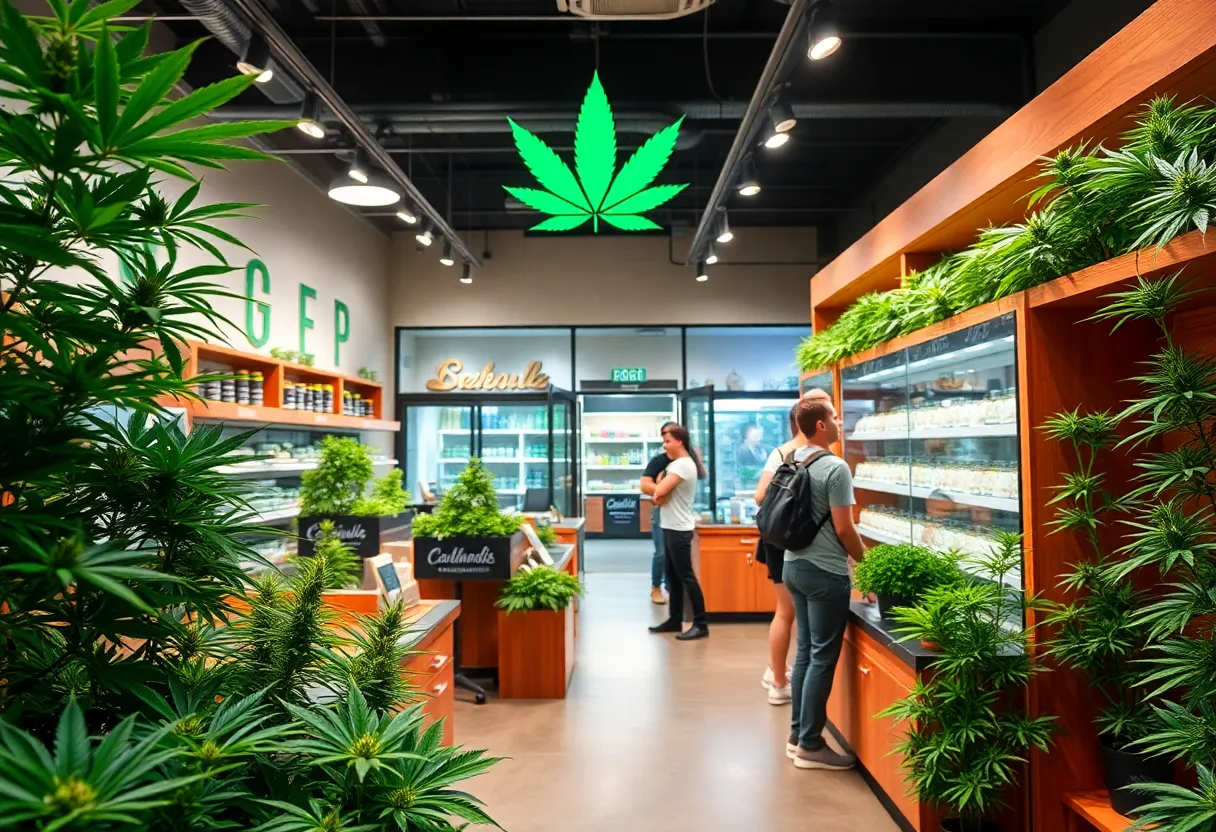 Interior of a cannabis dispensary in San Diego with plants and customers