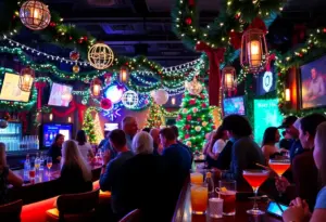 Festive Christmas bar in San Diego with holiday decorations