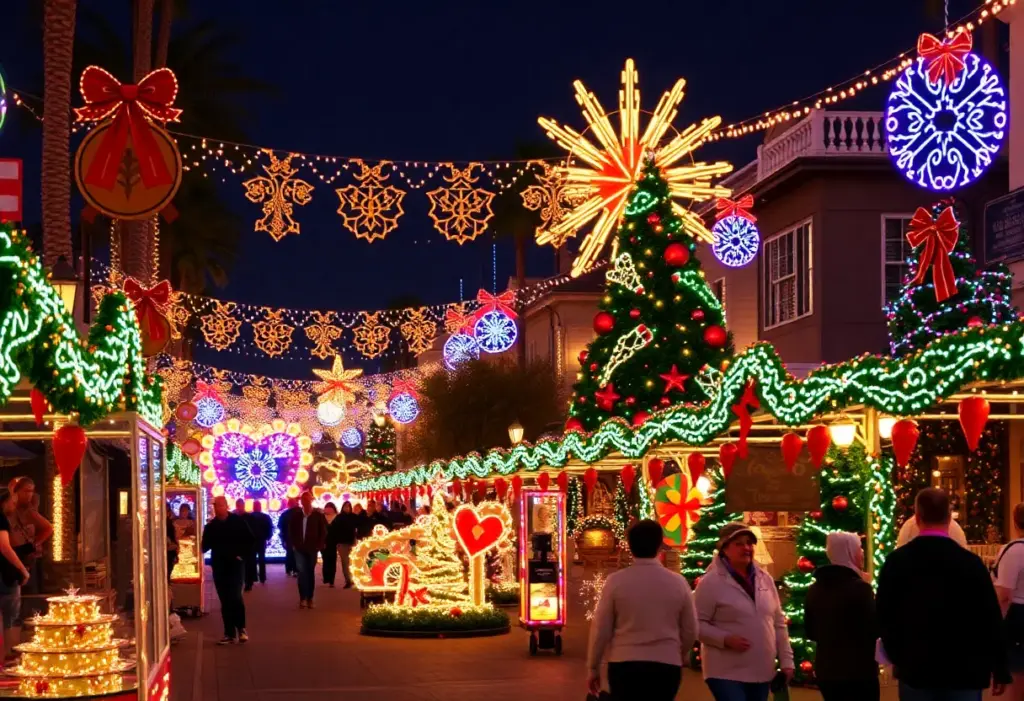 Community celebrating Christmas in San Diego with lights and decorations.