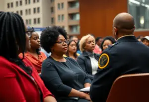 Community members discussing police reform at a city council meeting in San Diego.