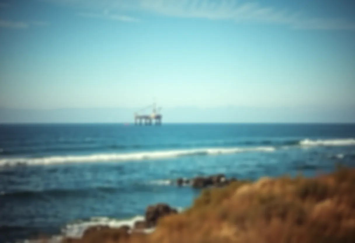 View of San Diego coastline and blurred oil drilling rig