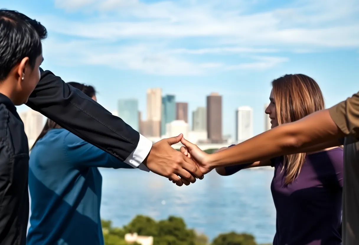 A community team in San Diego showing unity and support with joined hands.