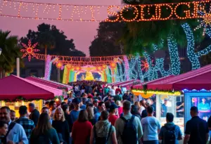 Crowd enjoying the December Nights festival at Balboa Park, complete with holiday decorations and lights.