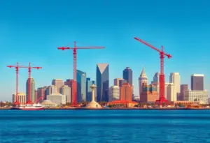 San Diego skyline with construction and technology symbols representing growth