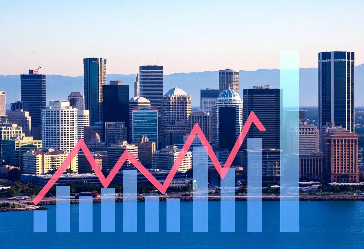 Aerial view of San Diego with economic graphs representing job market statistics