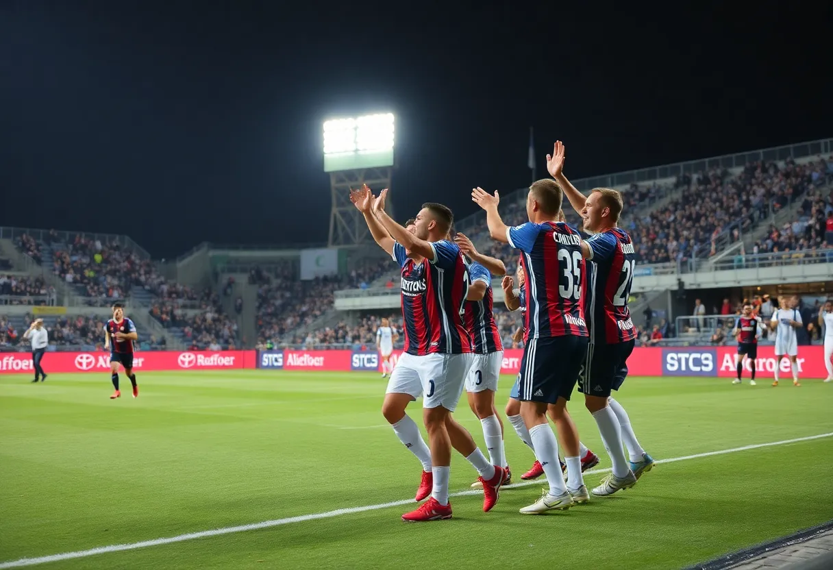 San Diego FC players celebrating their 4-0 win over Portland Timbers