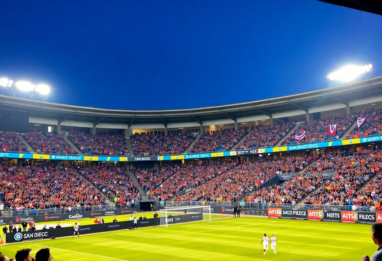 Fans cheering for San Diego FC during the match against Vancouver Whitecaps.