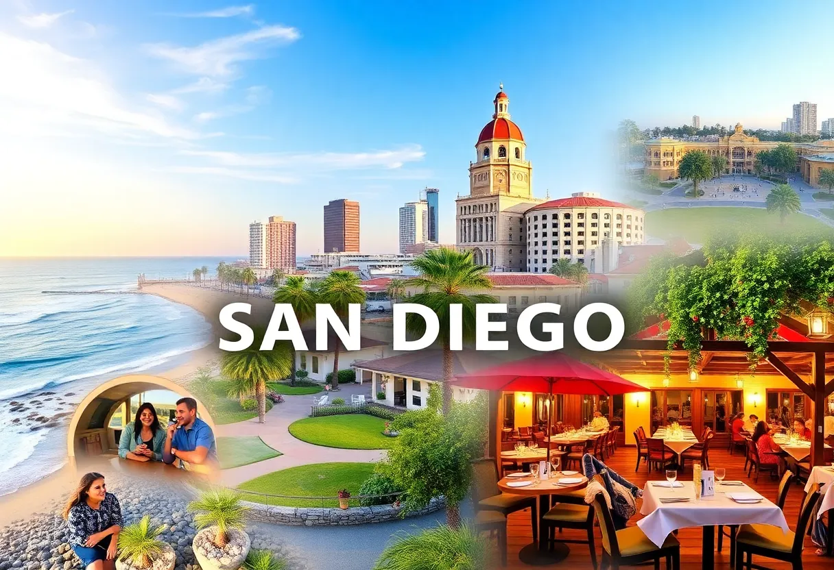 Collage of San Diego's beaches, parks, and restaurants