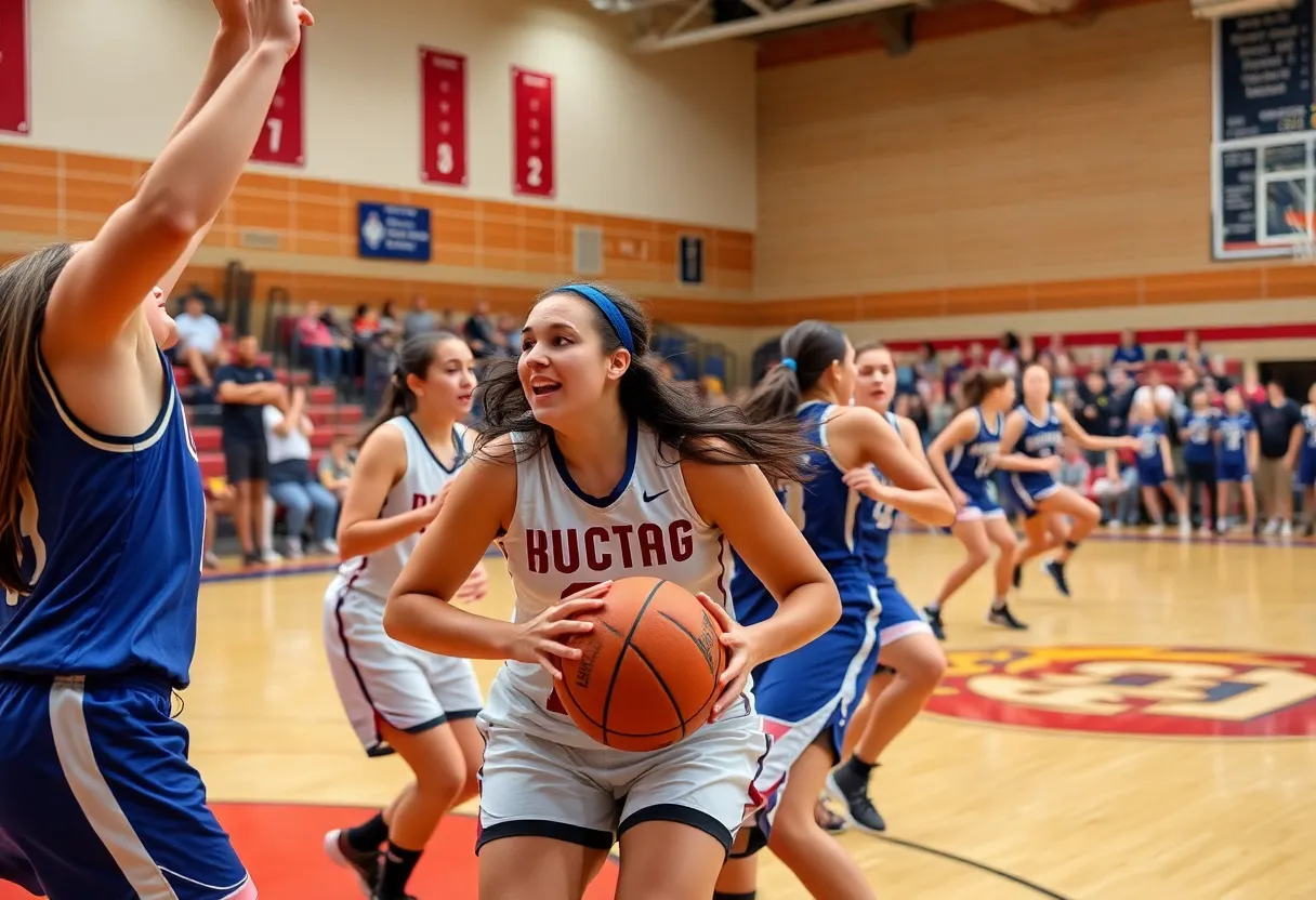 Girls' basketball players in action during a match at a high school gym in San Diego.